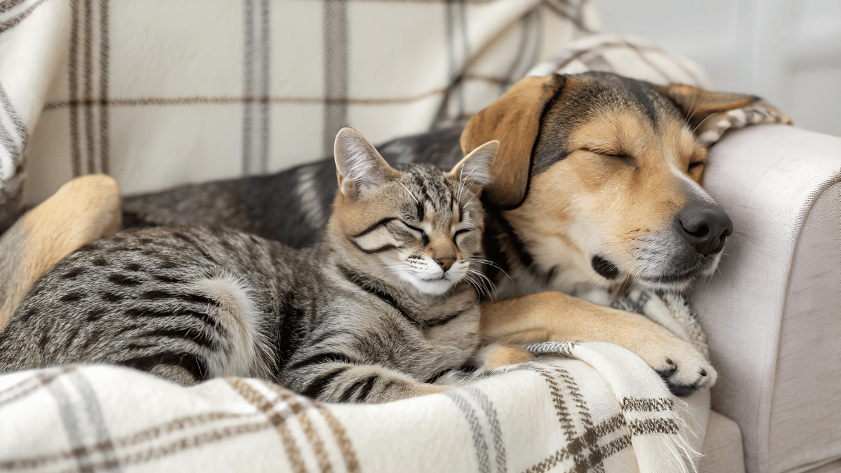 dog and cat sleeping on a couch